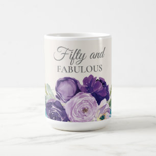 Mug Fleur aquarelle bleue violette 50 ans et fabuleuse