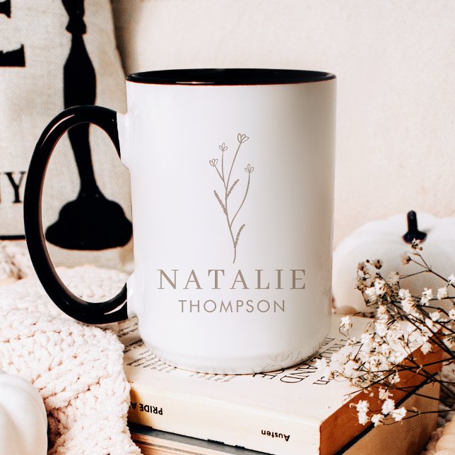 Mug Fleur Boho Chic Rustic Griege Personnalisée (Créateur téléchargé)