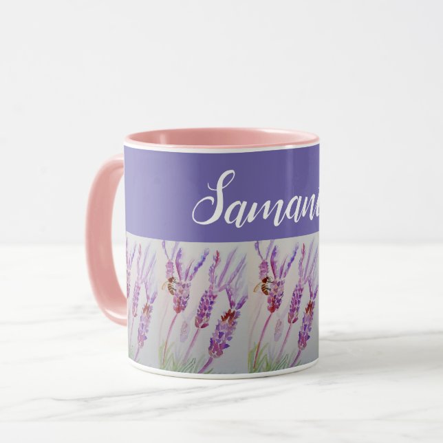 Mug Fleur de lavande et aquarelle d'abeille (Devant gauche)