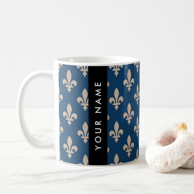 Mug Fleur de Lis, Beige on Navy Blue, Royal, Your Name (Avec donut)