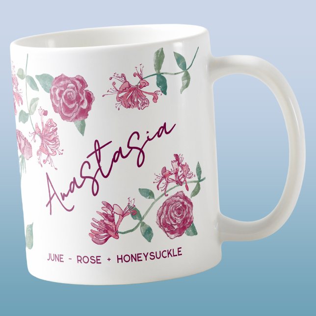 Mug Fleur de naissance de juin Nom personnalisé Rose C (June birth month flower personalized custom name rose honeysuckle watercolor art coffee mug gift)