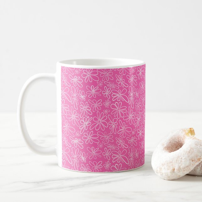 Mug Fleur dessinée à la main sur rose chaud (Avec donut)