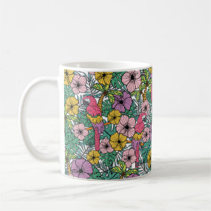 Mug Fleur d'hibiscus tropicale avec palme, perroquets 