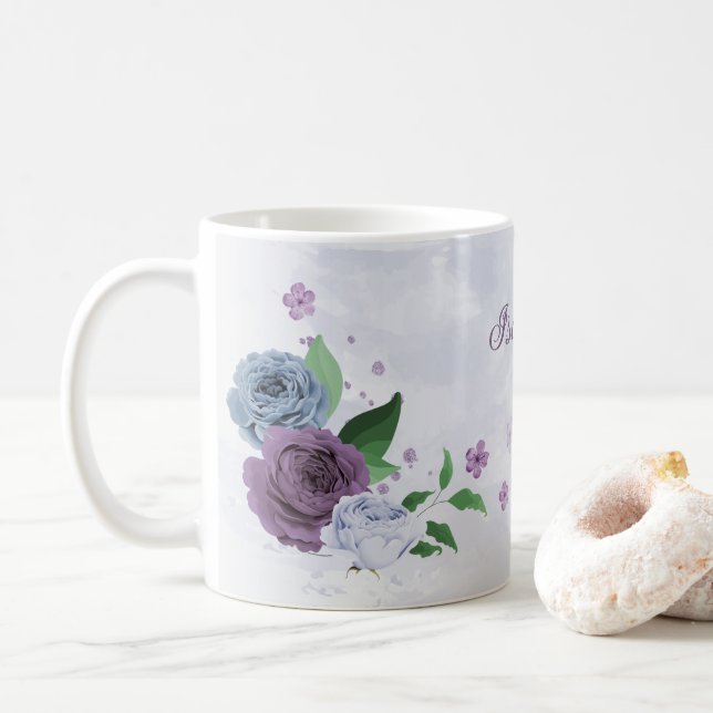 Mug Fleur floral bleu poussiéreux violet  (Avec donut)
