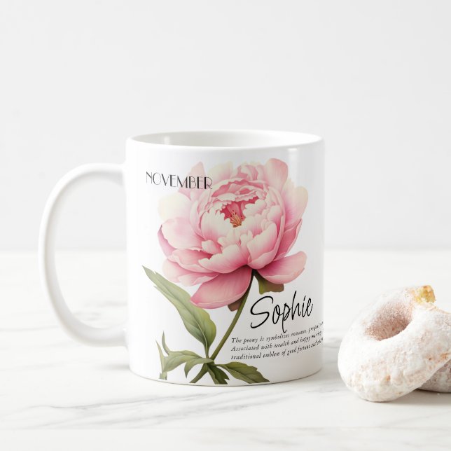 Mug Fleur personnalisée du mois de naissance Novembre (Avec donut)