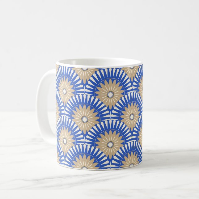 Mug Fleur rétro Sunrise - bleu, blanc et marron (Devant gauche)