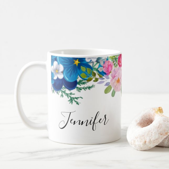Mug Fleur rose et bleu fantaisie été (Avec donut)