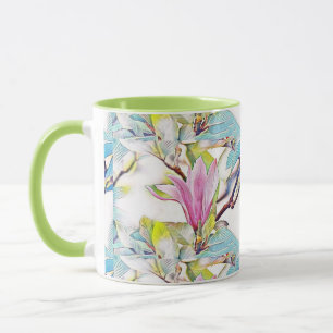 Mug Fleur rose magnolia aquarelle bleu arrière - plan