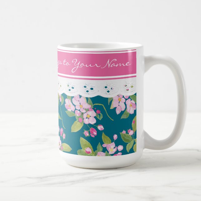 Mug Fleur rose sur Bleu foncé avec dentelle aux Faux (Droite)