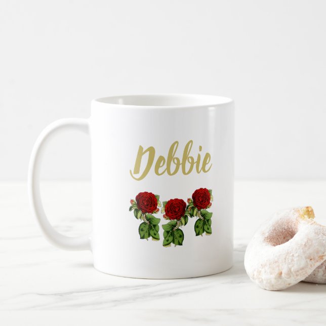 Mug Fleur rouge et feuilles verts nom personnalisé (Avec donut)
