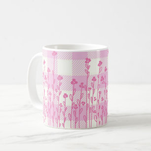 Mug Fleur sauvage mignon doodé rose plaid en vichy