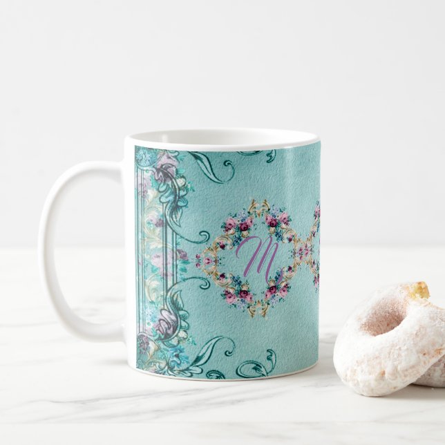 Mug Fleur victorienne turquoise violet élégant (Avec donut)