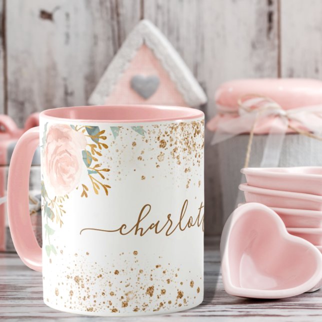 Mug fleurons d'or rose eucalyptus or nom parties scint (Créateur téléchargé)