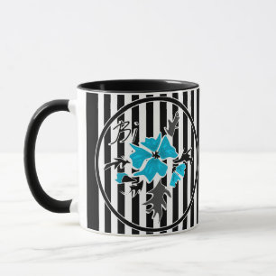 Mug Fleurs abstraites bleues floral blanc noir