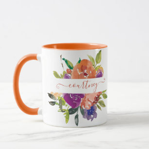 Mug Fleurs aquarelles violettes et orange personnalisé