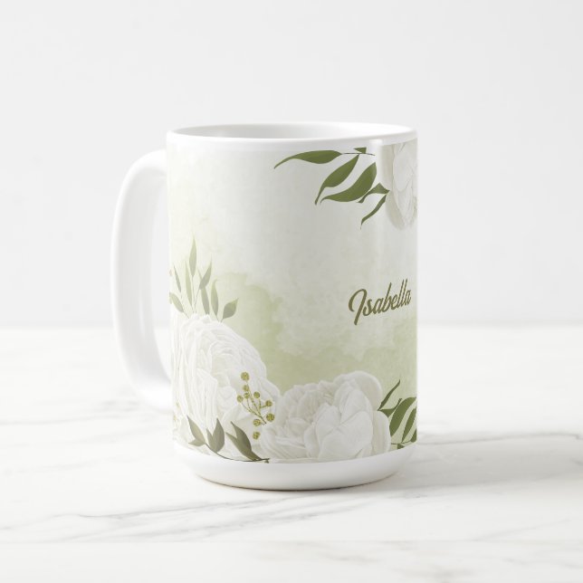 Mug fleurs blanches romantiques avec de jolis feuilles (Devant gauche)