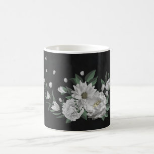 Mug fleurs blanches romantiques verdure noir