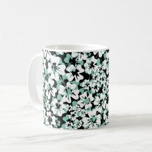Mug Fleurs blanches, turquoise sur le noir.
