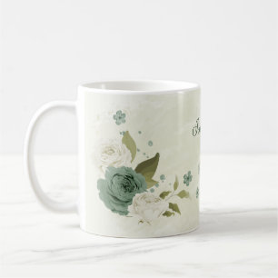 Mug fleurs blanches vert sauge 