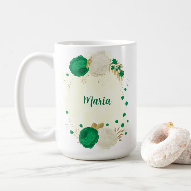 Mug fleurs blanches vertes botaniques mariage or (Avec donut)