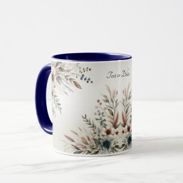 Mug Fleurs Bleu Ivoire Aquarelle (Devant gauche)