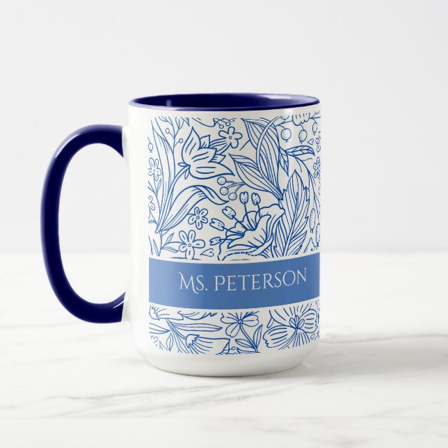 Mug Fleurs Bleues Élégantes sur Mesure (Gauche)