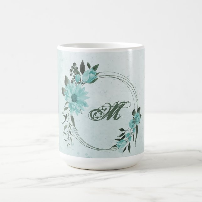 Mug fleurs bleues romantiques et feuilles verts (Centre)