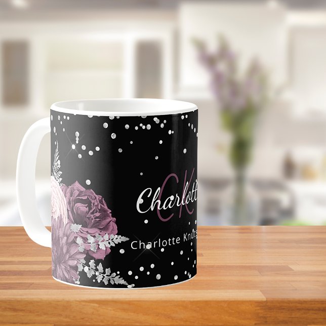 Mug Fleurs bordeaux noires élégant nom monogramme (Créateur téléchargé)