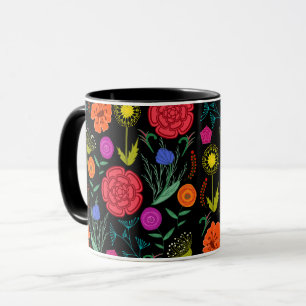 Mug Fleurs Colorées Brillantes sur Fond Noir