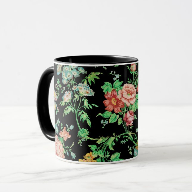 Mug FLEURS COLORÉES ET FEUILLES FLORAUX SOMBRES Noir (Devant gauche)