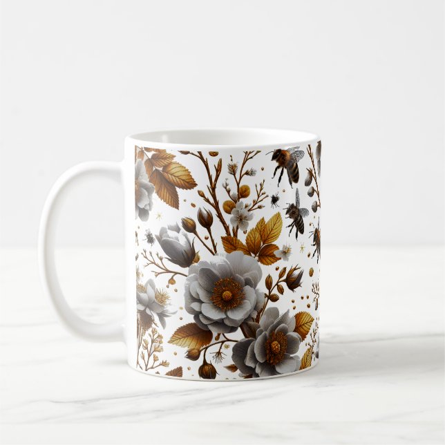 Mug fleurs d'abeilles miel et art motif feuille (Gauche)