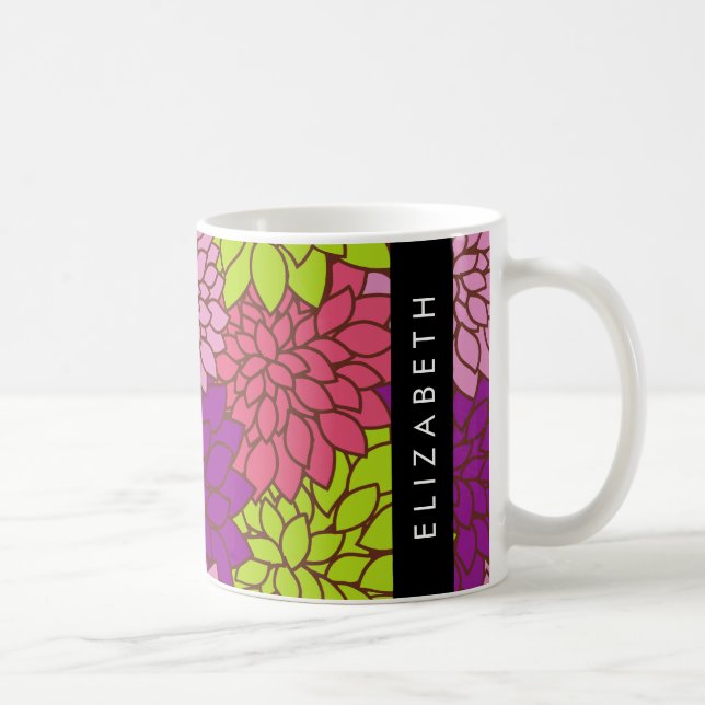 Mug Fleurs Dahlia, Fleurs Colorées, Votre Nom (Droite)