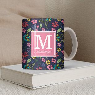 Mug Fleurs de Bohême Fille Bleu Marine   Monogramme ro