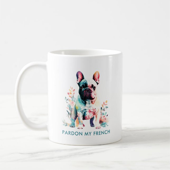 Mug Fleurs de Bulldog Français mignon Pardon Mon Franç (Gauche)