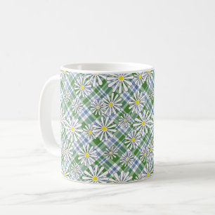 Mug Fleurs de camomille blanche sur un damier vert ble