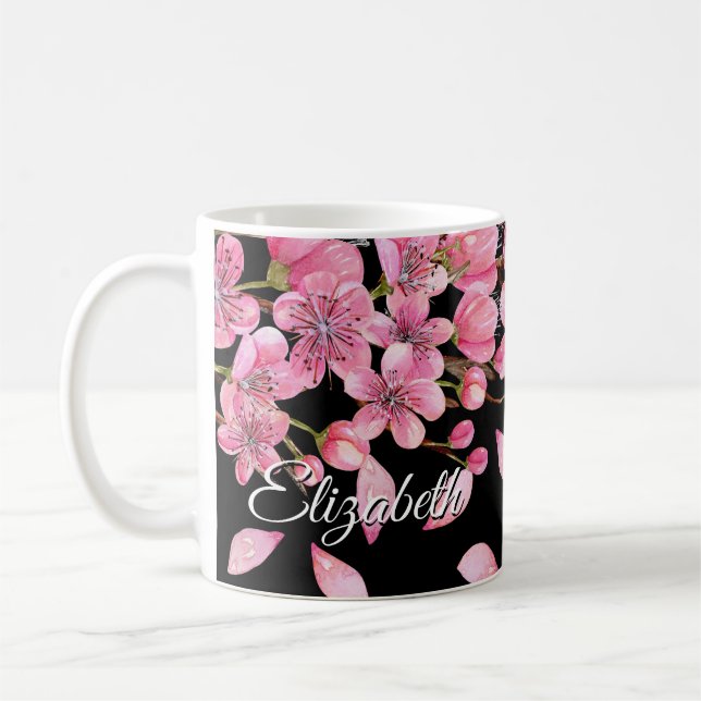 Mug Fleurs de cerisiers roses sur le noir (Gauche)