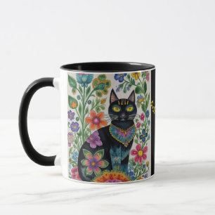 Mug Fleurs de chat noir papillons, art natif Editable