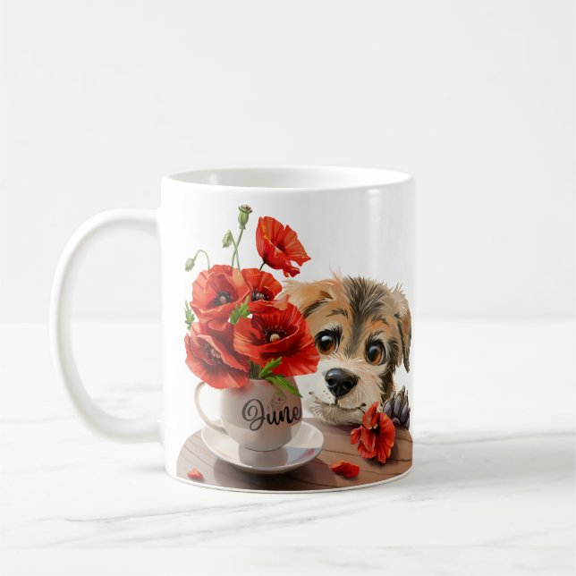Mug Fleurs de chiot et de pavot amusantes (Gauche)
