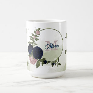 Mug fleurs de couleur rose et bleu marine, feuillage m