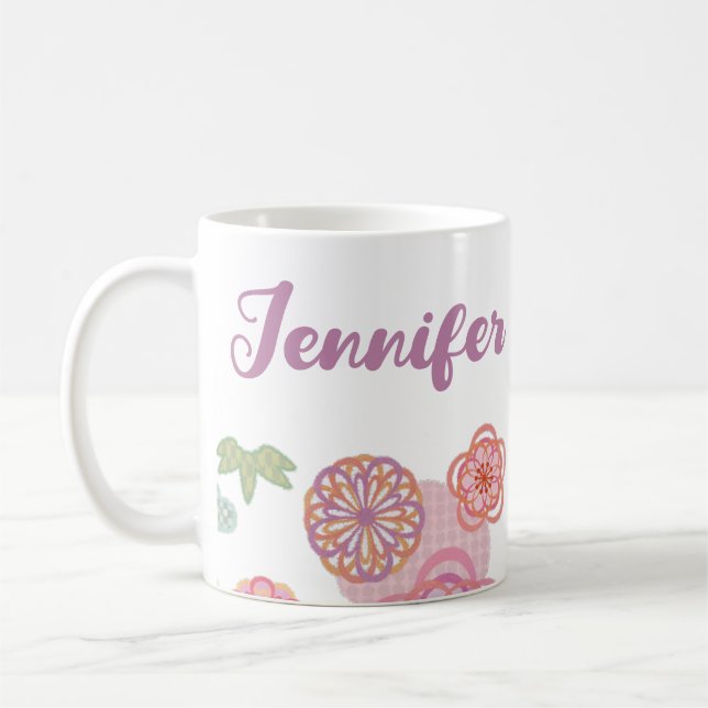 Mug Fleurs de fleurs mignonnes violettes rose avec nom (Gauche)