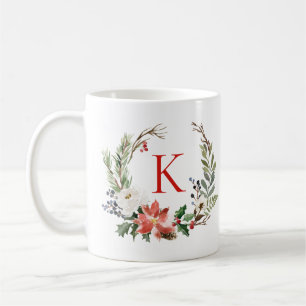 Mug Fleurs de Noël Monogramme personnalisé de couronne