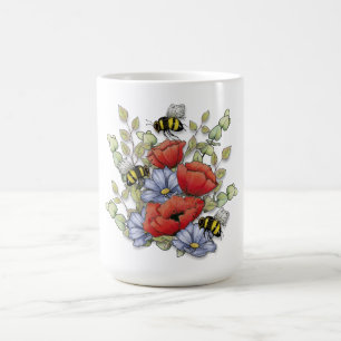 Mug Fleurs de pavot et dessin numérique de abeilles, b