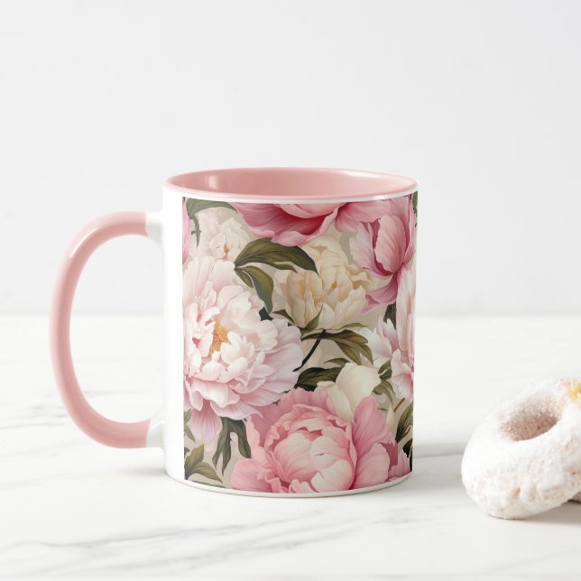 Mug Fleurs de pivoine rose blanc Fleurs florales Desig (Avec donut)