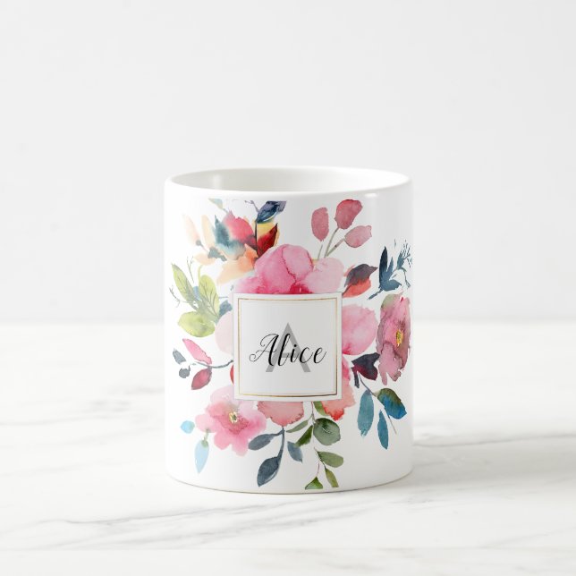 Mug Fleurs de printemps de couleur d'aquarelle Monogra (Centre)
