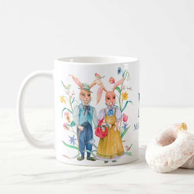 Mug Fleurs de printemps de lapin mou de Pâques Monogra (Avec donut)