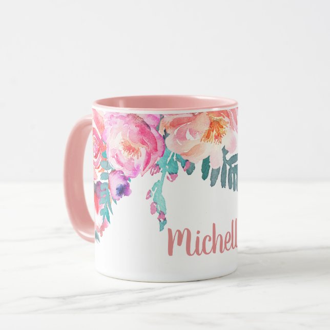 Mug Fleurs de rose rose girly Élégant nom personnalisé (Devant gauche)