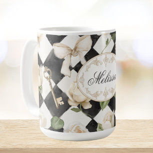 Mug Fleurs de rose vintage en diamant noir et blanc Mo
