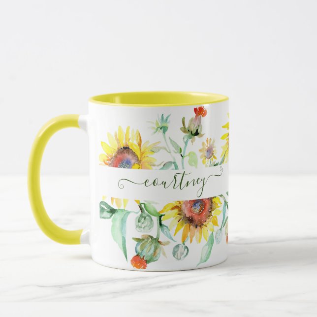 Mug Fleurs de soleil aquarelles personnalisées (Gauche)