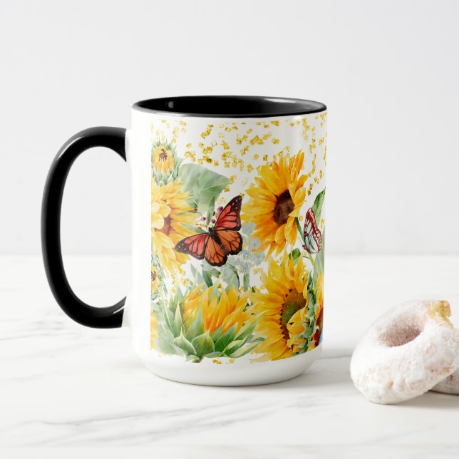 Mug Fleurs de soleil et papillons monarques (Avec donut)