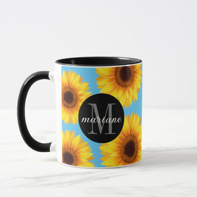 Mug Fleurs de soleil jaunes Ajoutez votre nom et bleu  (Gauche)